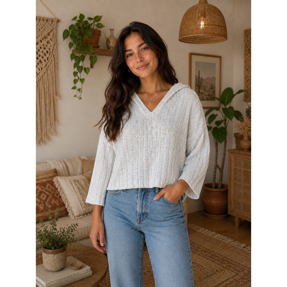 Free People White Confetti Waffle Knit V-Neck Hoodie Wide Bell Sleeve Pullover M